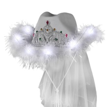 Light Up White Tiara Bridal Cowboy Cowgirl Hat with Veil for Bachelorette and Bridal Party All Products