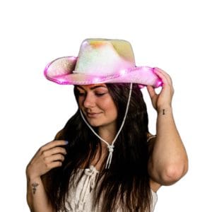 Light Up Glorious Luminous White Sheen Metallic Space Cowgirl Hat with Pink LEDs All Products