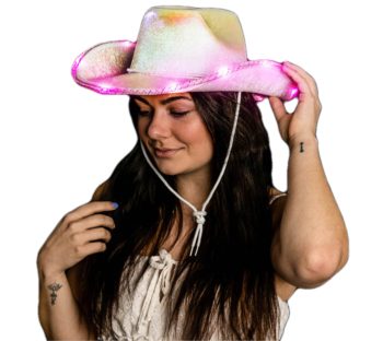 Light Up Glorious Luminous White Sheen Metallic Space Cowgirl Hat with Pink LEDs All Products