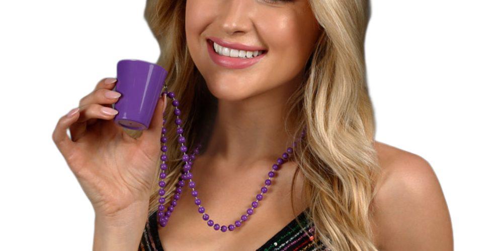 Unlit Purple Shot Glass on Purple Beaded Necklaces for Mardi Gras All Products
