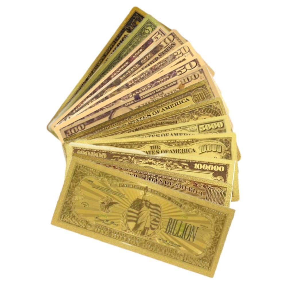 Set of 14  Commemorative Mega Billion 24K Gold Plated US Dollar Fake Banknotes Timeless Collection Protector Sold Separately 24K Gold and Silver Plated Replica Bills 3