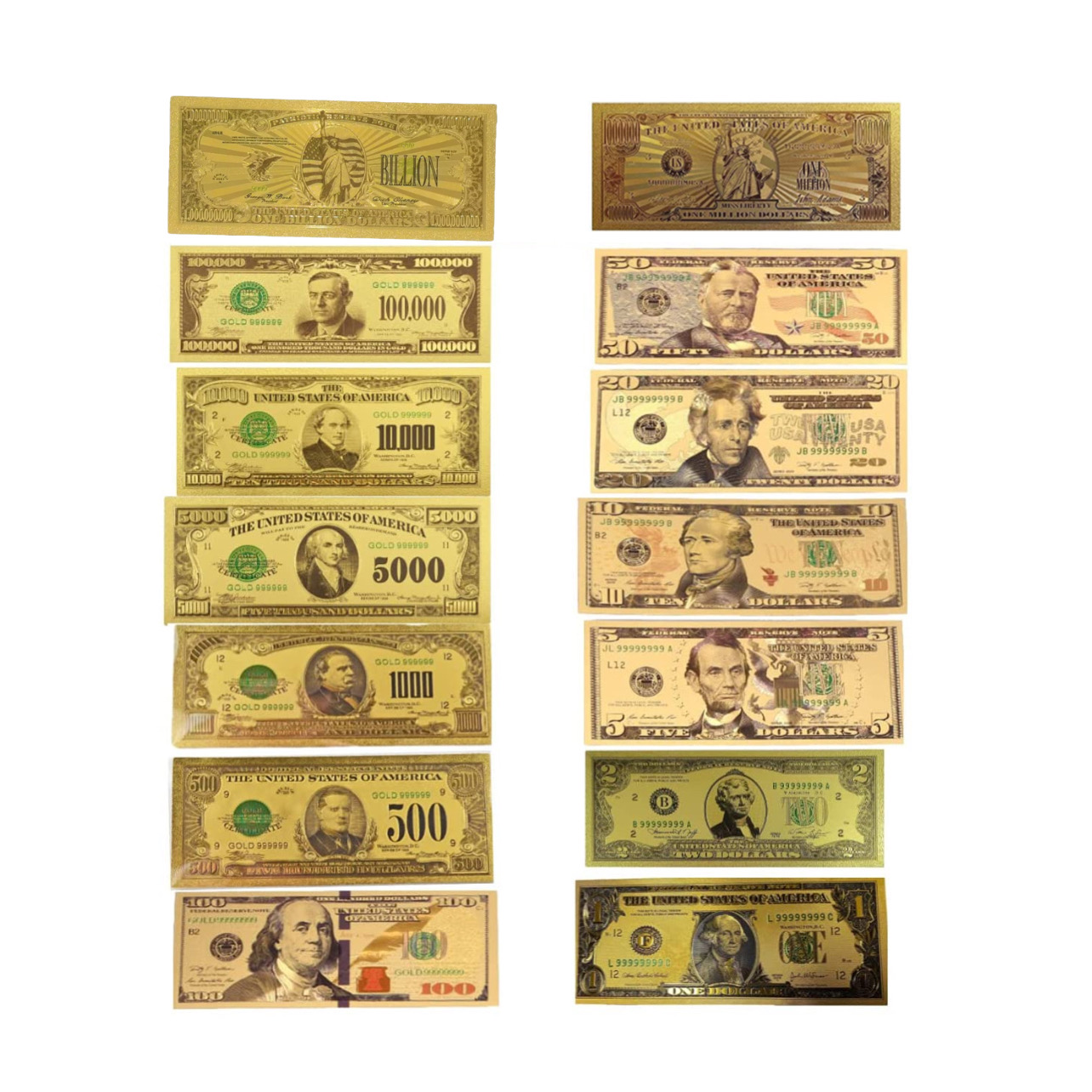 Set of 14  Commemorative Mega Billion 24K Gold Plated US Dollar Fake Banknotes Timeless Collection Protector Sold Separately 24K Gold and Silver Plated Replica Bills 4