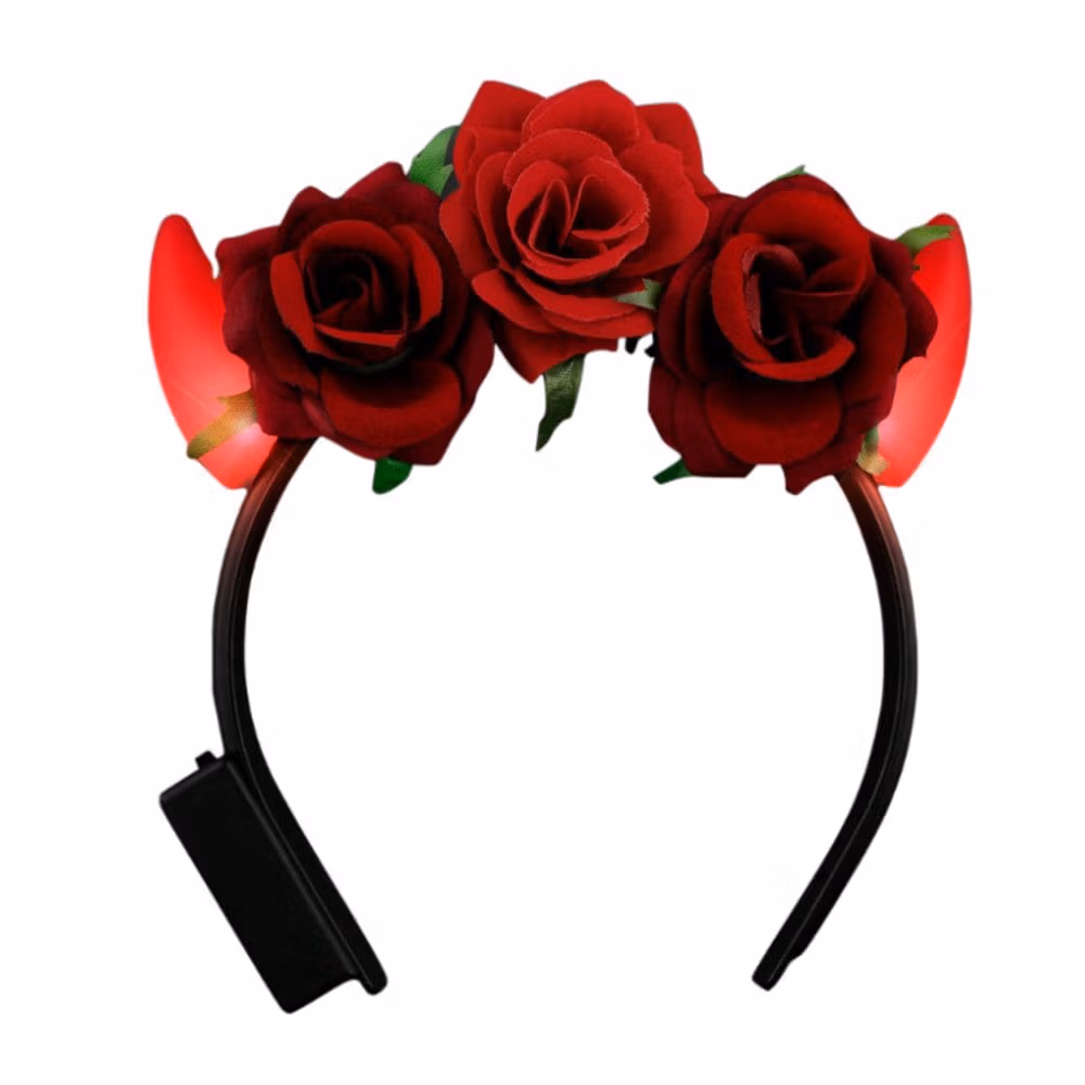 Red Light Up LED Devil Horns with Red Roses Flower Crown Headband All Products 5