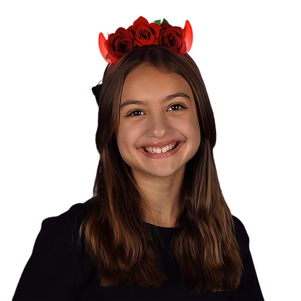 Red Light Up LED Devil Horns with Red Roses Flower Crown Headband All Products 4