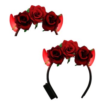 Red Light Up LED Devil Horns with Red Roses Flower Crown Headband All Products