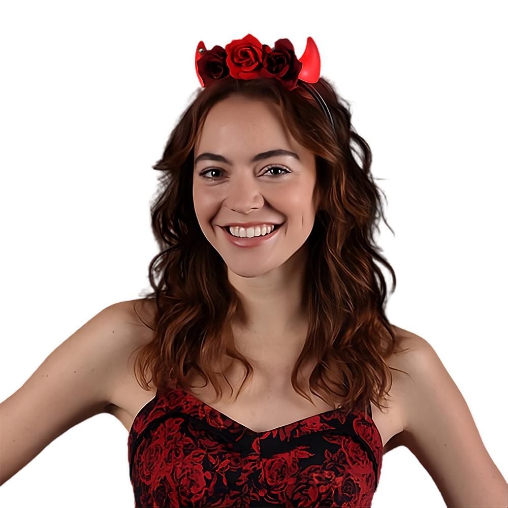 Red Light Up LED Devil Horns with Red Roses Flower Crown Headband All Products 7
