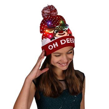 Light Up Oh Deer Red Pompom Beanie Hat All Products