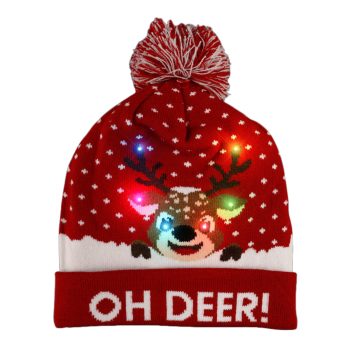 Light Up Oh Deer Red Pompon Beanie Hat All Products