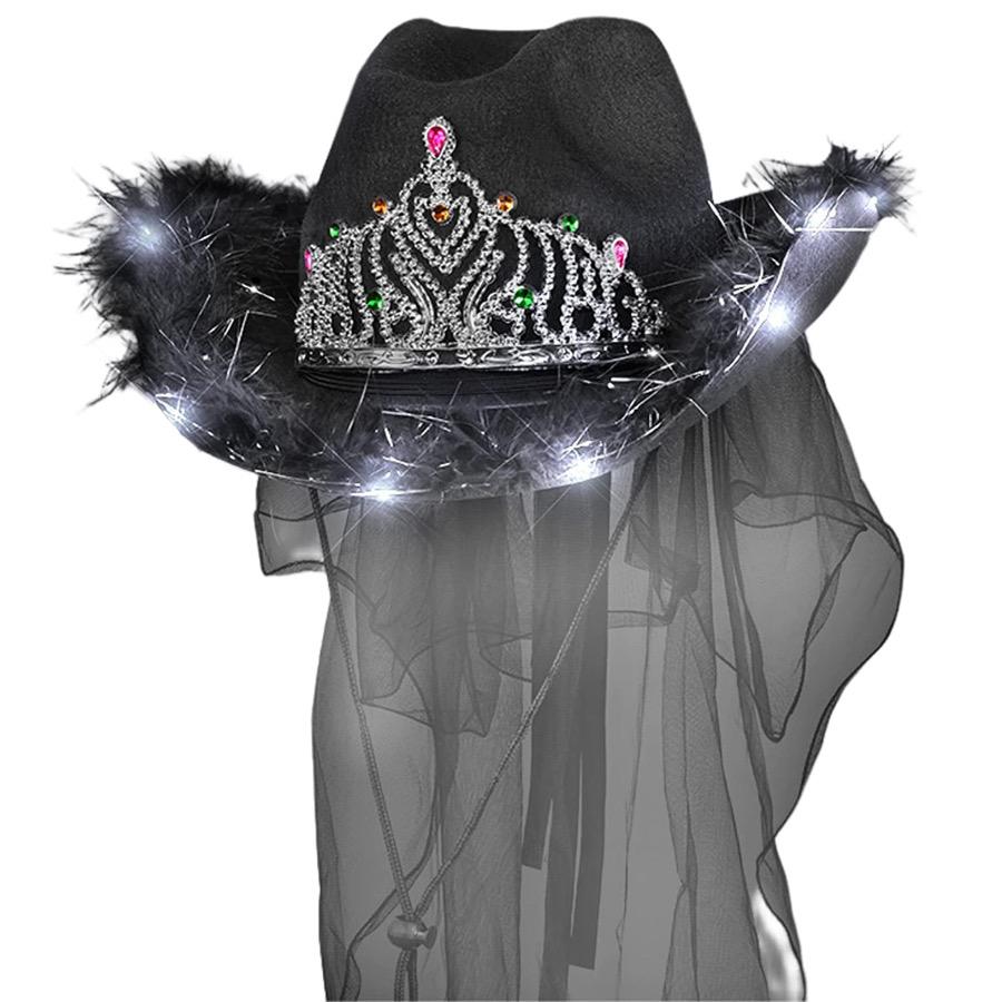 Light Up Black Bridal Cowboy Cowgirl Hat with Tiara and Black Veil for Bachelorette and Halloween Party All Products 3