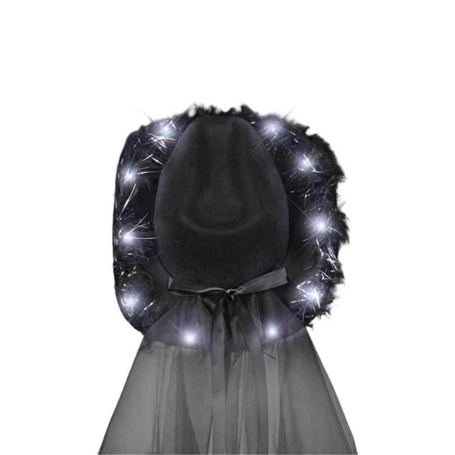 Light Up Black Bridal Cowboy Cowgirl Hat with Tiara and Black Veil for Bachelorette and Halloween Party All Products 4