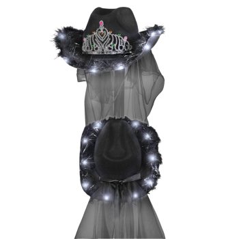 Light Up Black Bridal Cowboy Cowgirl Hat with Tiara and Black Veil for Bachelorette and Halloween Party All Products