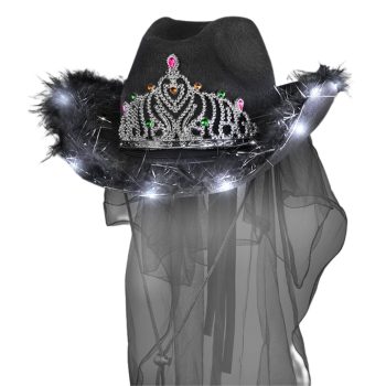 Light Up Black Bridal Cowgirl Hat with Tiara and Black Veil for Bachelorette and Halloween Party All Products