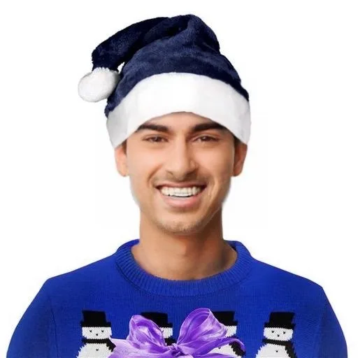 1 pack of 36 Unlit Dark Blue Stylish Fluffy Fur Santa Christmas Plush Hat All Products 3