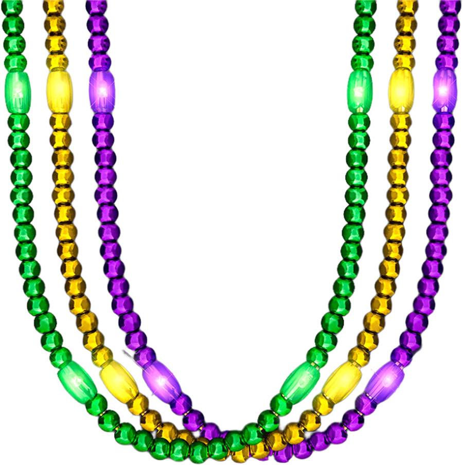 Glow-In-The-Dark Mardi Gras Bead Necklaces - 6-Pack
