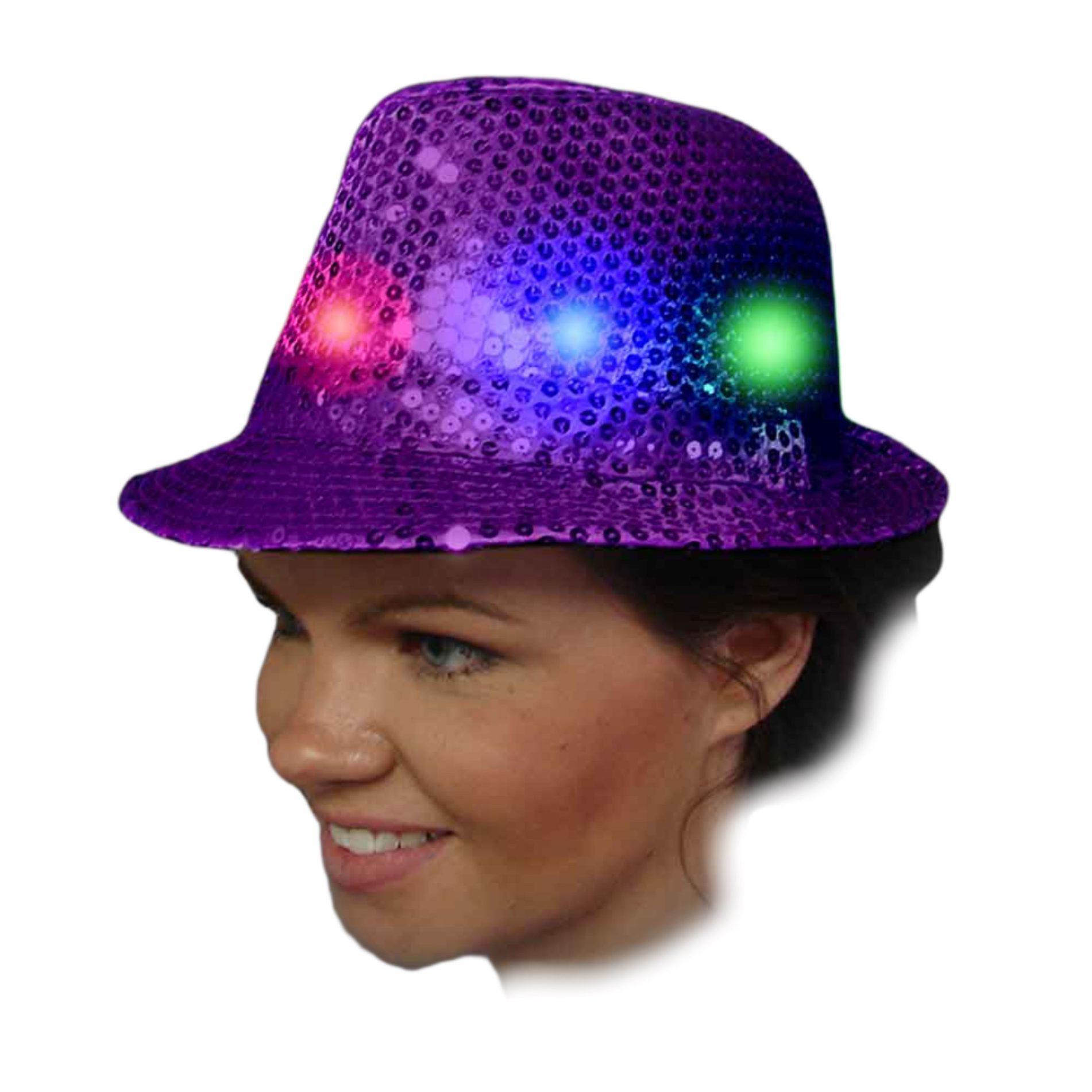 Light Up Flashing Purple Sequins Fedora with Multicolor LEDs Colors 2 Red 2 Green 2 Blue All Products 3