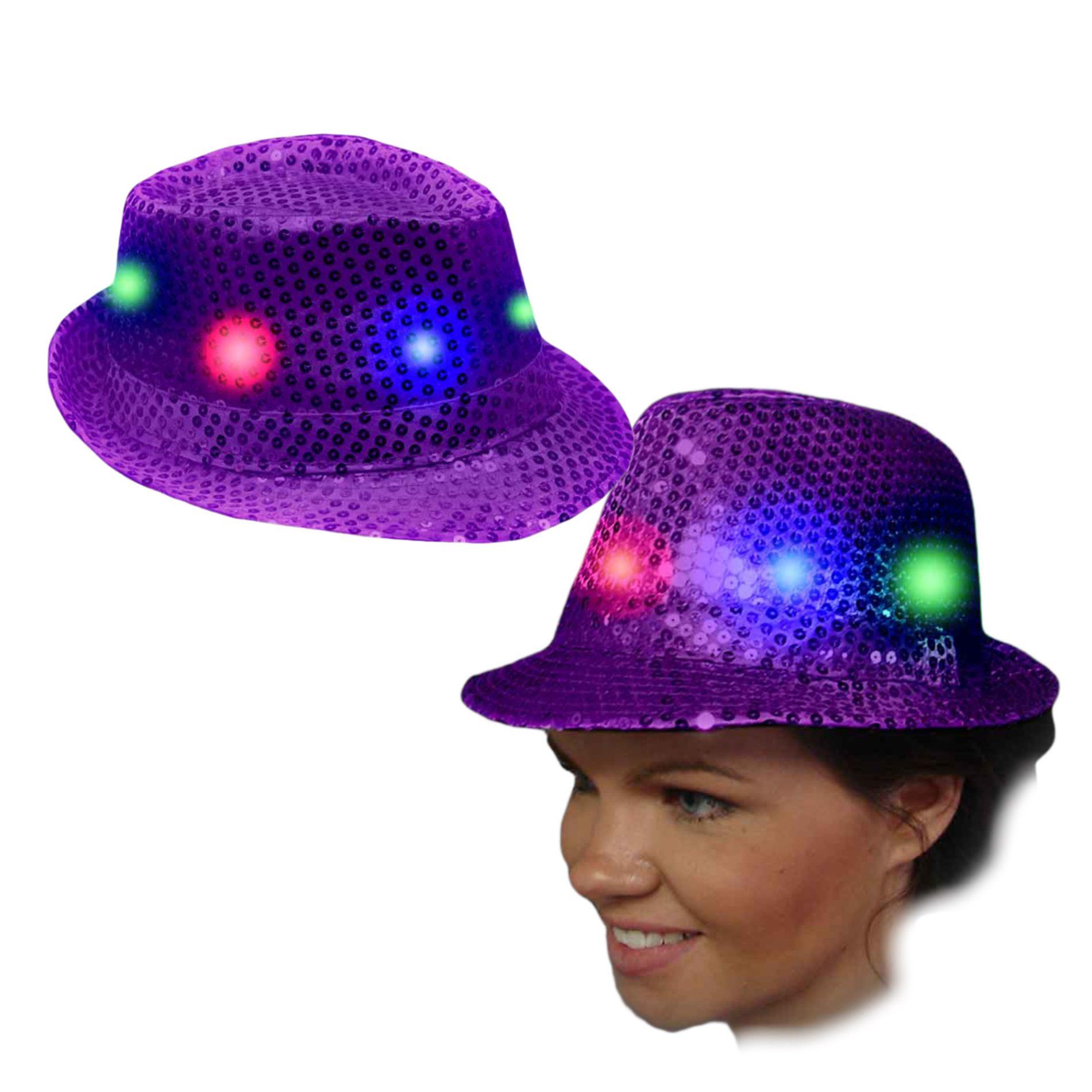 Light Up Flashing Purple Sequins Fedora with Multicolor LEDs Colors 2 Red 2 Green 2 Blue All Products 4