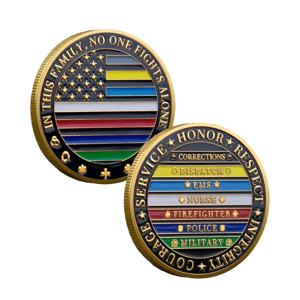 Front and back views of the First Responders and Military Thin Line challenge coin