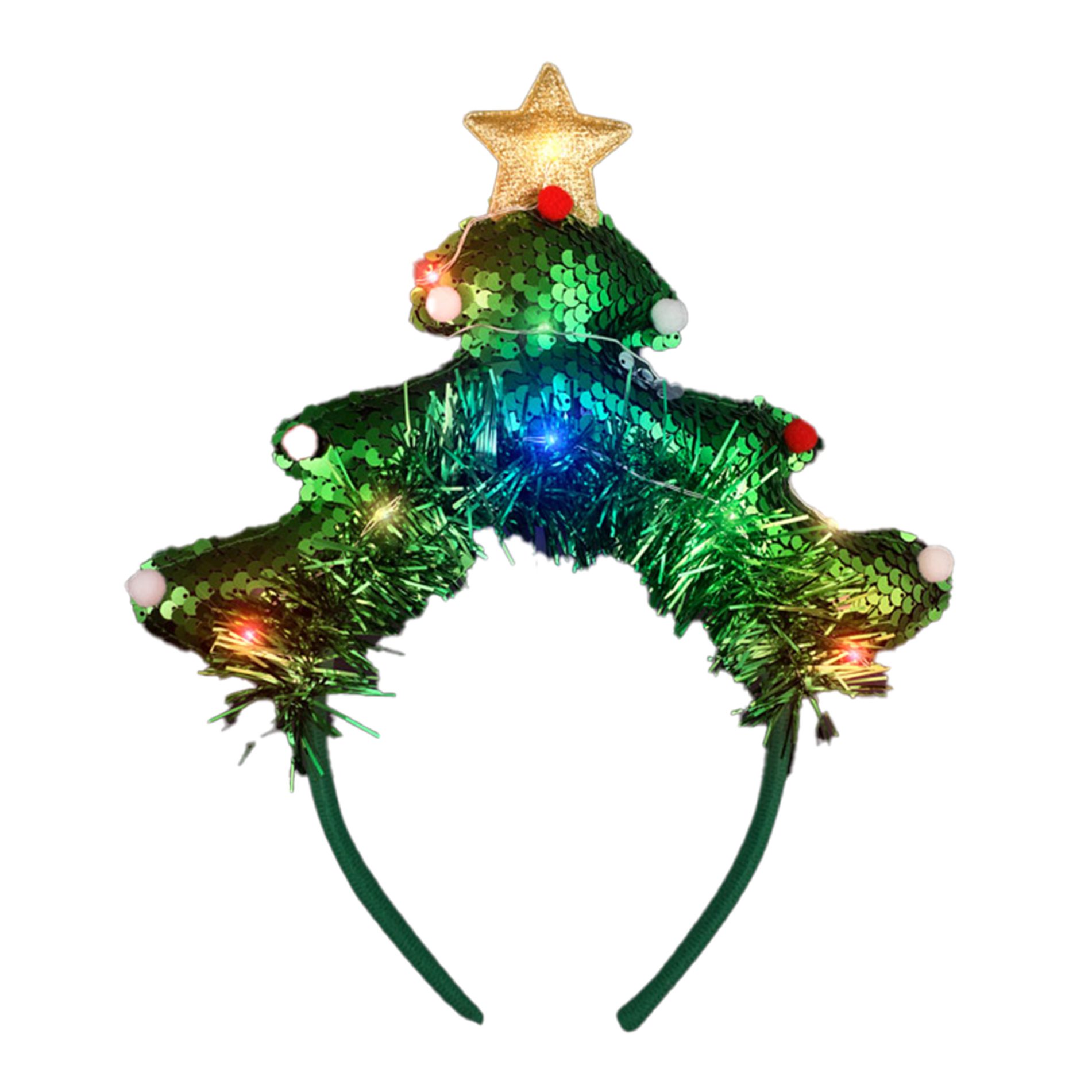 Light Up Christmas Tree Headband with Gold Star and Green Sequin Tinsel All Products 5