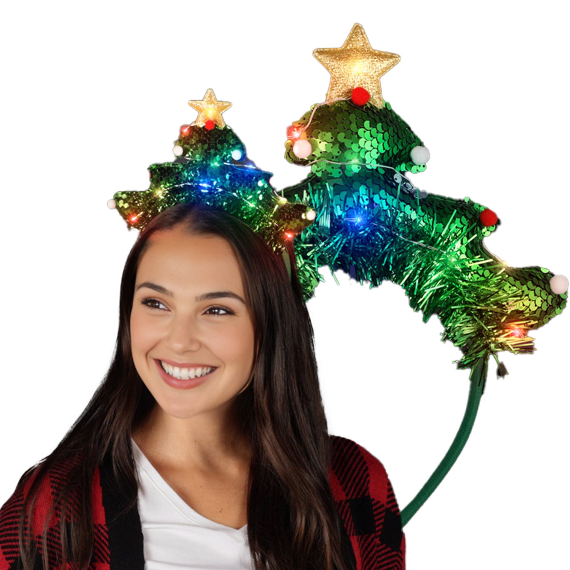 Light Up Christmas Tree Headband with Gold Star and Green Sequin Tinsel All Products 6