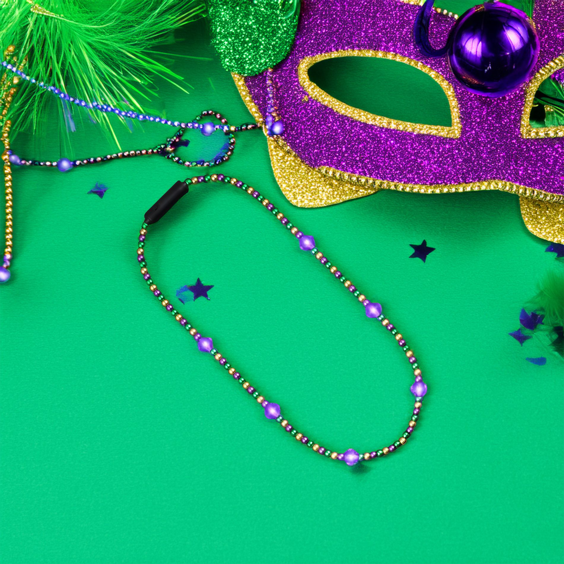 Mardi Gras Metallic Beads Necklace with Light Up Jewel Accents All Products 7