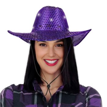 Pack of 6 LED Western Sequin Cowboy Hat with Fancy Stitching Purple All Products