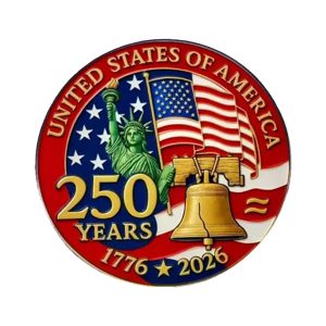 1776 to 2026 Patriotic 250th Anniversary Gold Plated Hard Enamel Unlit Lapel Pin with Military Clutch 4th of July