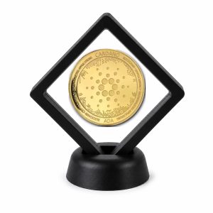 Crypto Coin Display Stand with Coin of Choice Novelty and Replica Bills and Challenge Coins