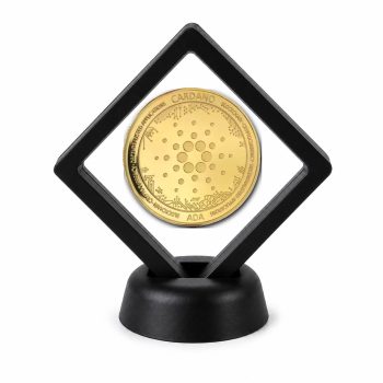Crypto Coin Display Stand with Coin of Choice Novelty and Replica Bills and Challenge Coins