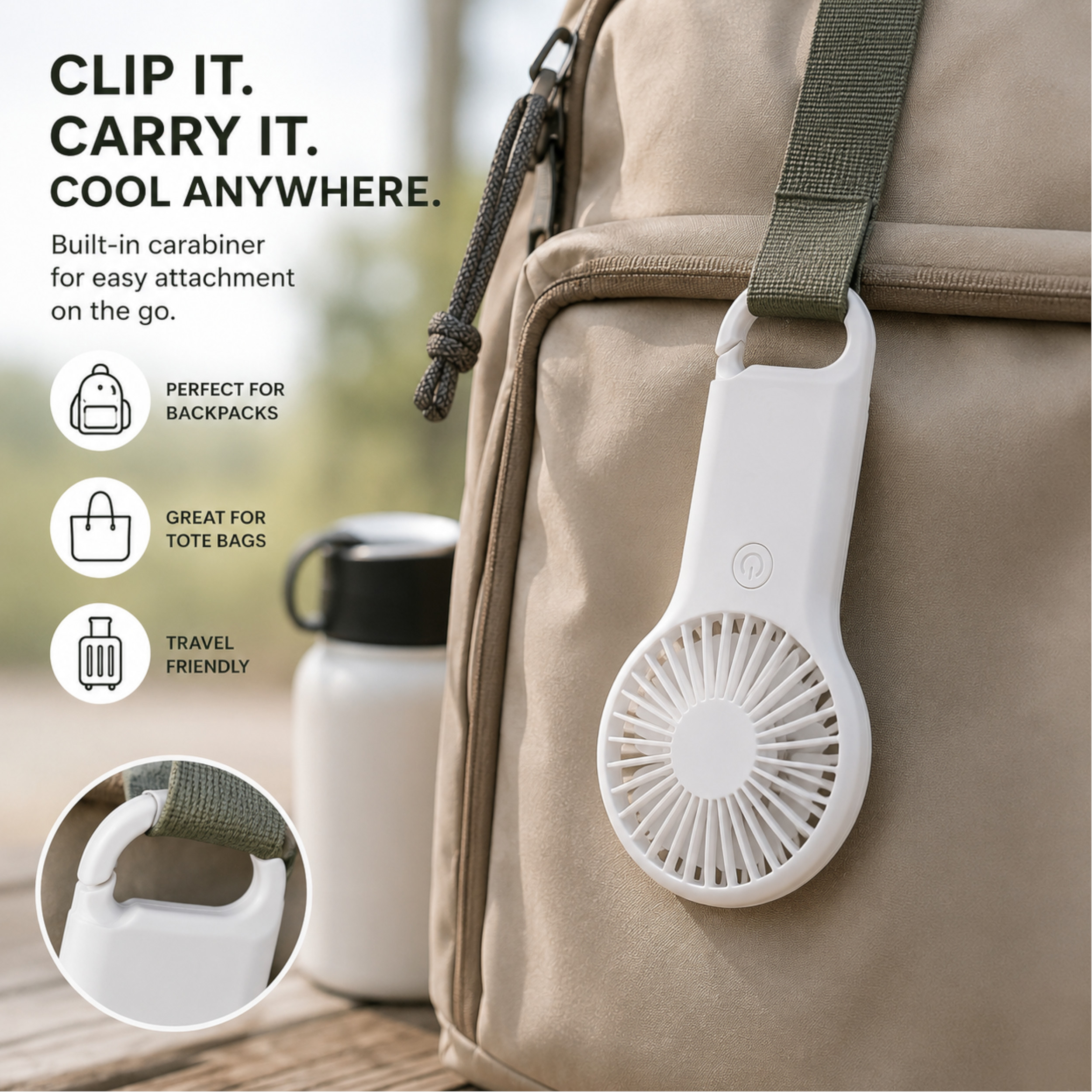 Portable 2 Speed White Mini Fan with Built In Carabiner Clip All Products Portable 2 Speed White Mini Fan with Built In Carabiner Clip All Products 5