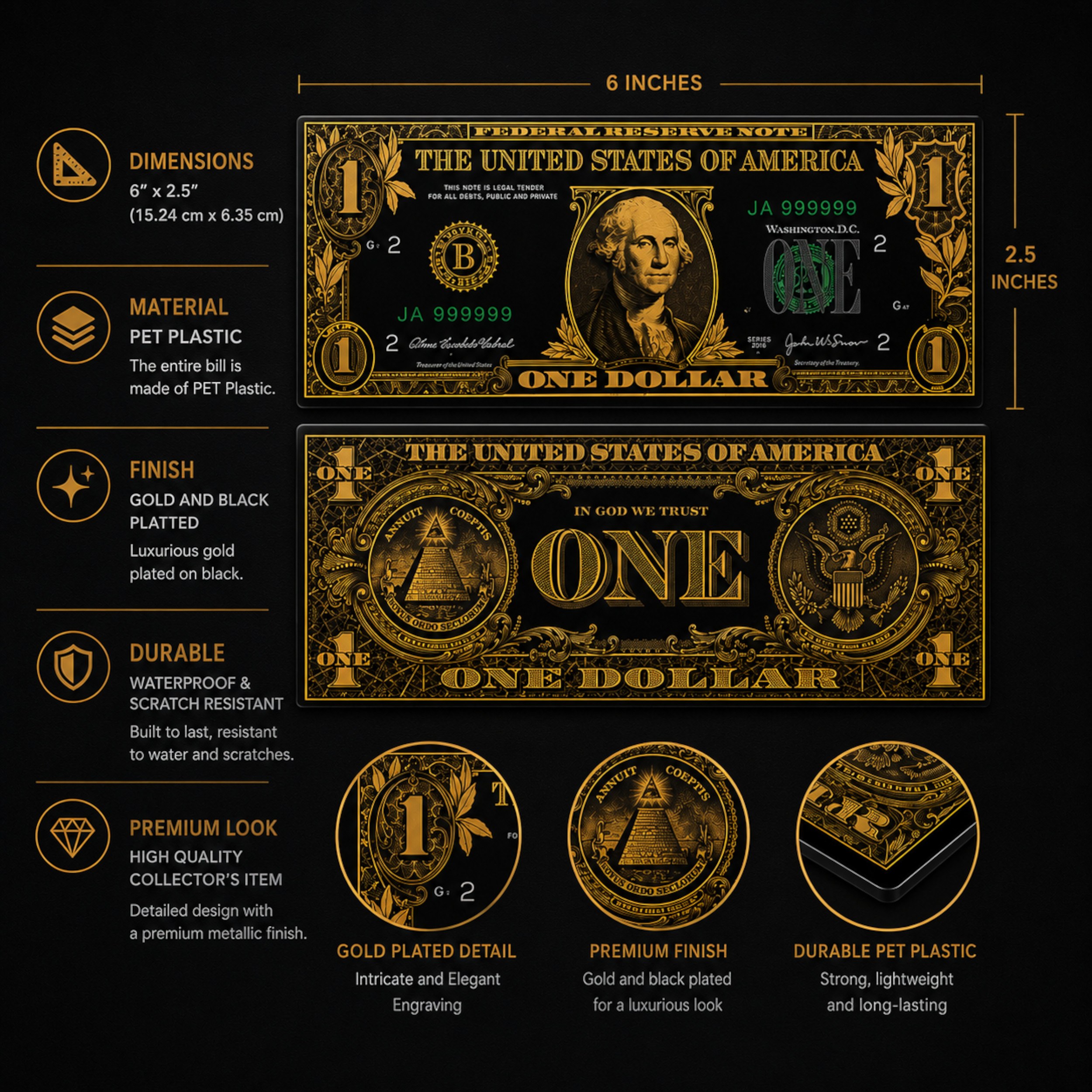 1 Dollar 24K Gold and Black Plated Decorative Collectible Banknote 24K Gold and Black Plated Replica Bills 1 Dollar 24K Gold and Black Plated Decorative Collectible Banknote 24K Gold and Black Plated Replica Bills 3