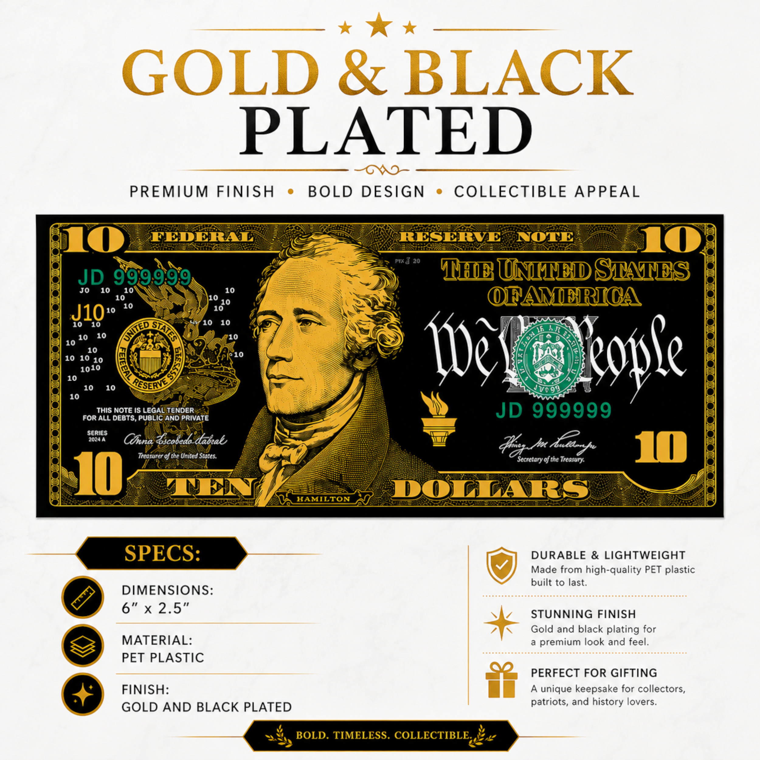 10 Dollar 24K Gold and Black Plated Decorative Collectible Banknote 24K Gold and Black Plated Replica Bills 10 Dollar 24K Gold and Black Plated Decorative Collectible Banknote 24K Gold and Black Plated Replica Bills 4