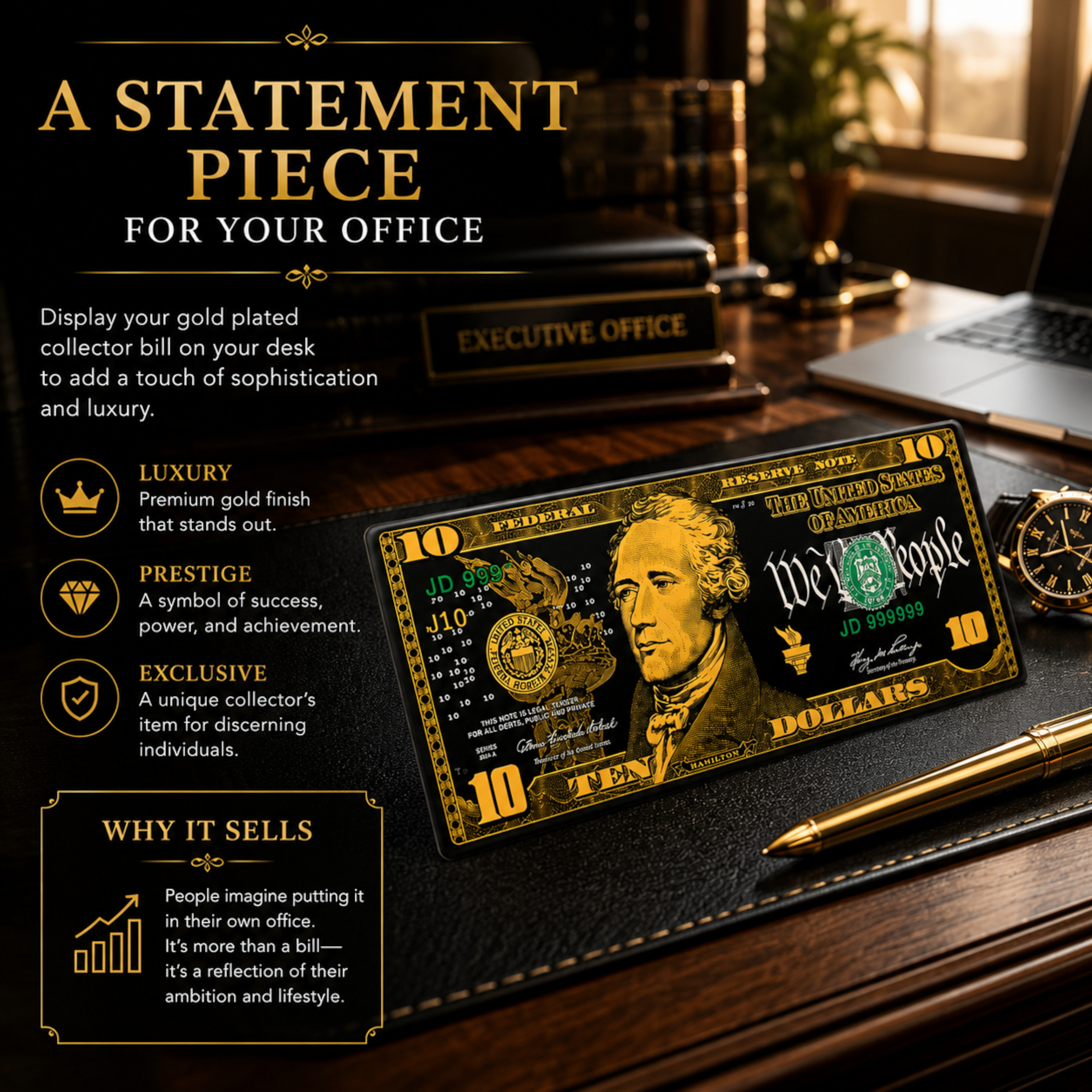 10 Dollar 24K Gold and Black Plated Decorative Collectible Banknote 24K Gold and Black Plated Replica Bills 10 Dollar 24K Gold and Black Plated Decorative Collectible Banknote 24K Gold and Black Plated Replica Bills 5