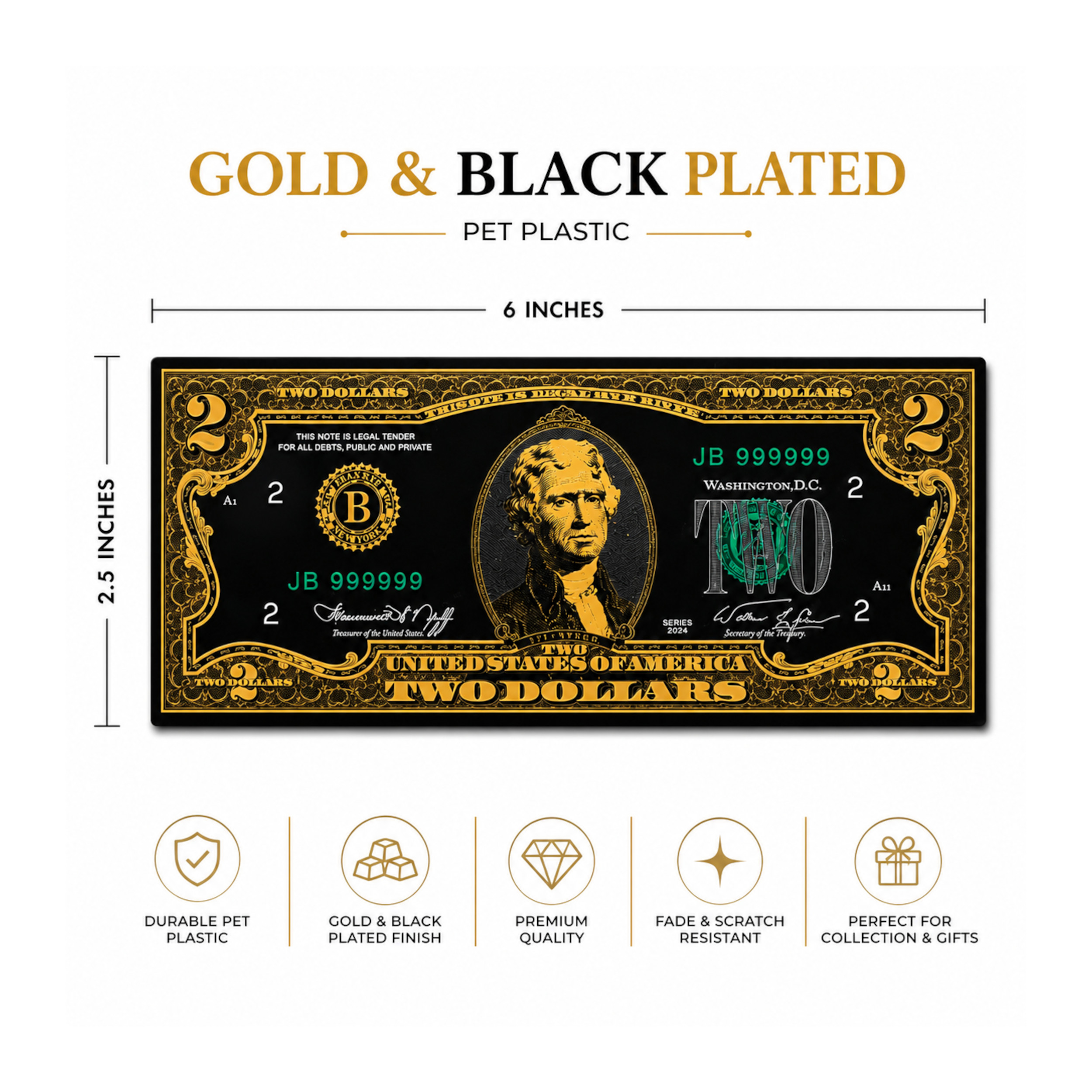 2 Dollar 24K Gold and Black Plated Decorative Collectible Banknote 24K Gold and Black Plated Replica Bills 2 Dollar 24K Gold and Black Plated Decorative Collectible Banknote 24K Gold and Black Plated Replica Bills 4