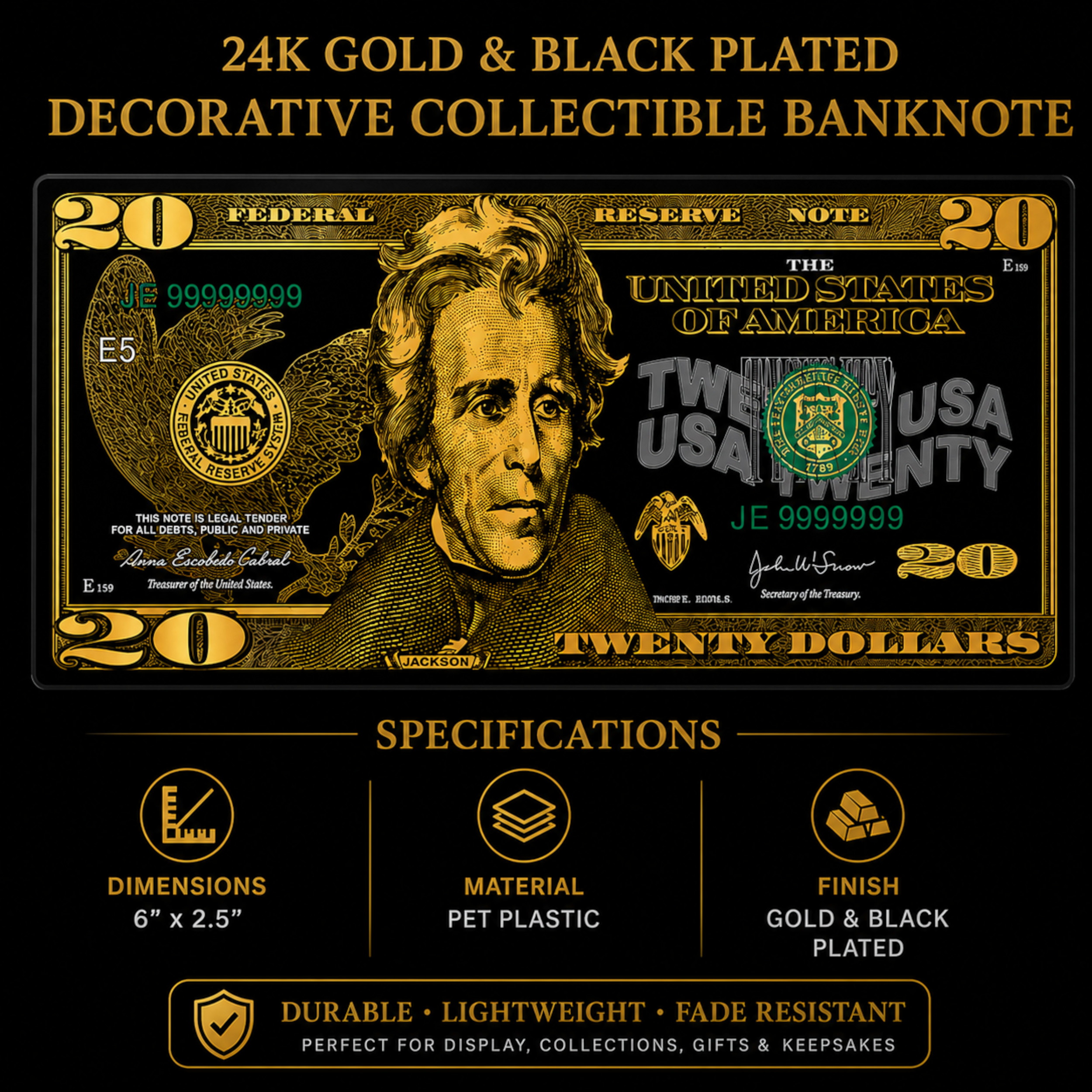 20 Dollar 24K Gold and Black Plated Decorative Collectible Banknote 24K Gold and Black Plated Replica Bills 20 Dollar 24K Gold and Black Plated Decorative Collectible Banknote 24K Gold and Black Plated Replica Bills 4