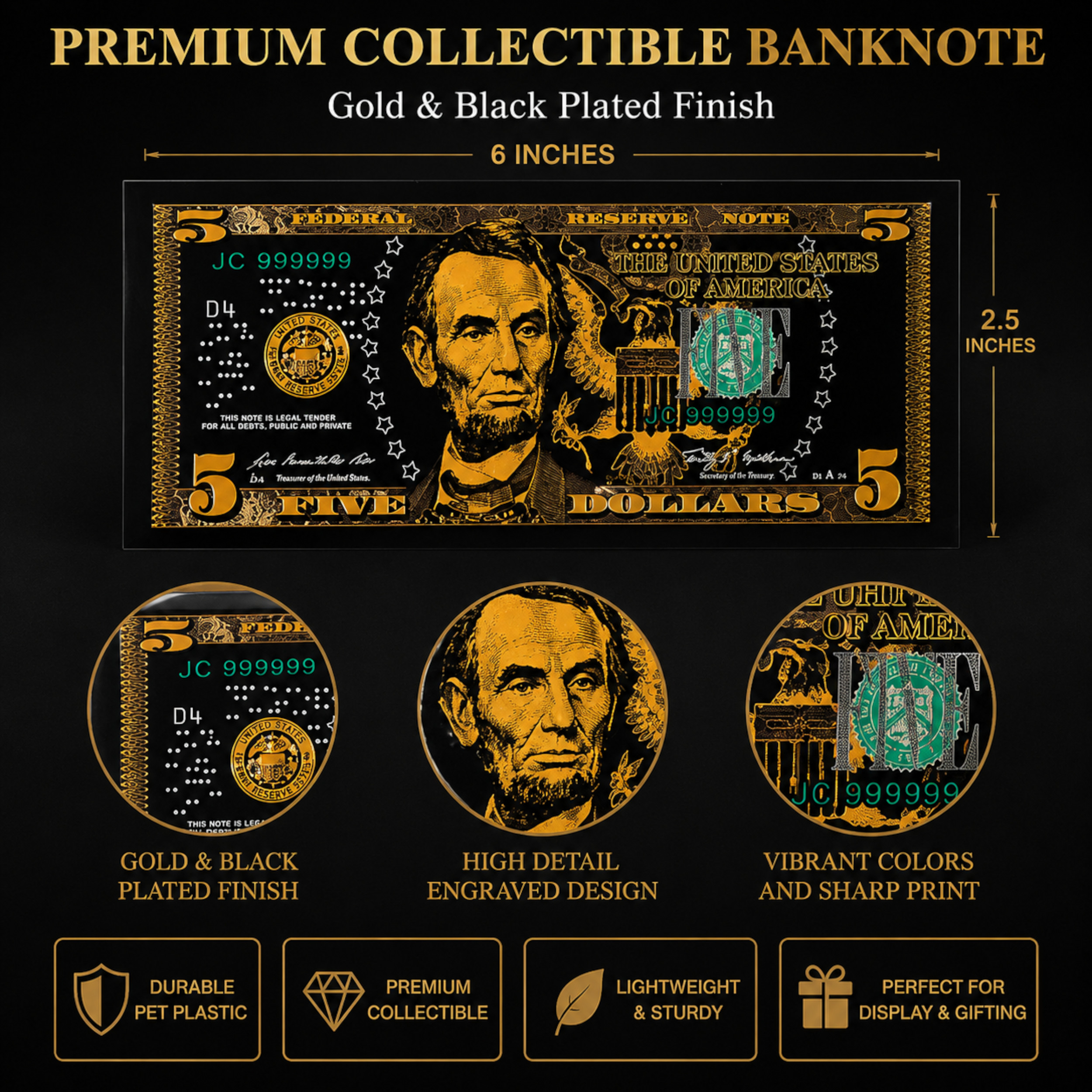 5 Dollar 24K Gold and Black Plated Decorative Collectible Banknote 24K Gold and Black Plated Replica Bills 5 Dollar 24K Gold and Black Plated Decorative Collectible Banknote 24K Gold and Black Plated Replica Bills 4