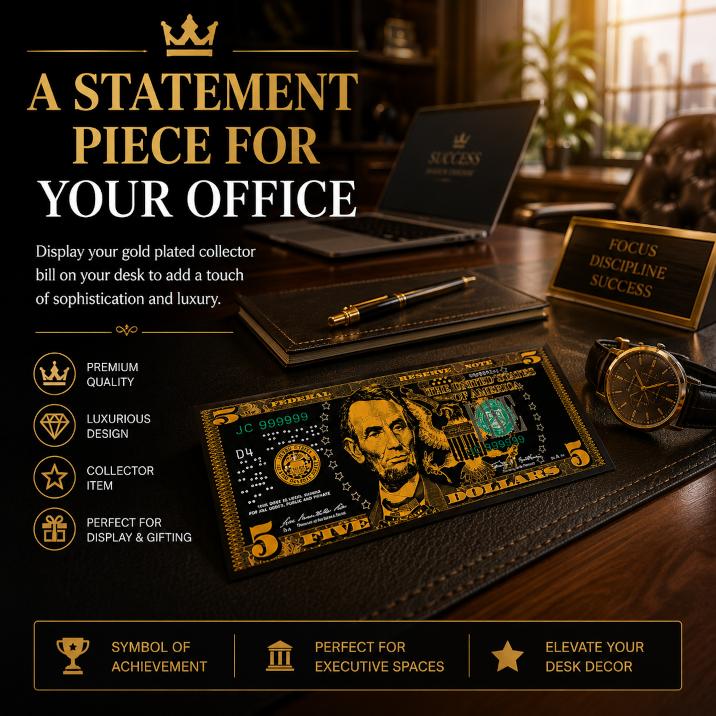 5 Dollar 24K Gold and Black Plated Decorative Collectible Banknote 24K Gold and Black Plated Replica Bills 5 Dollar 24K Gold and Black Plated Decorative Collectible Banknote 24K Gold and Black Plated Replica Bills 5