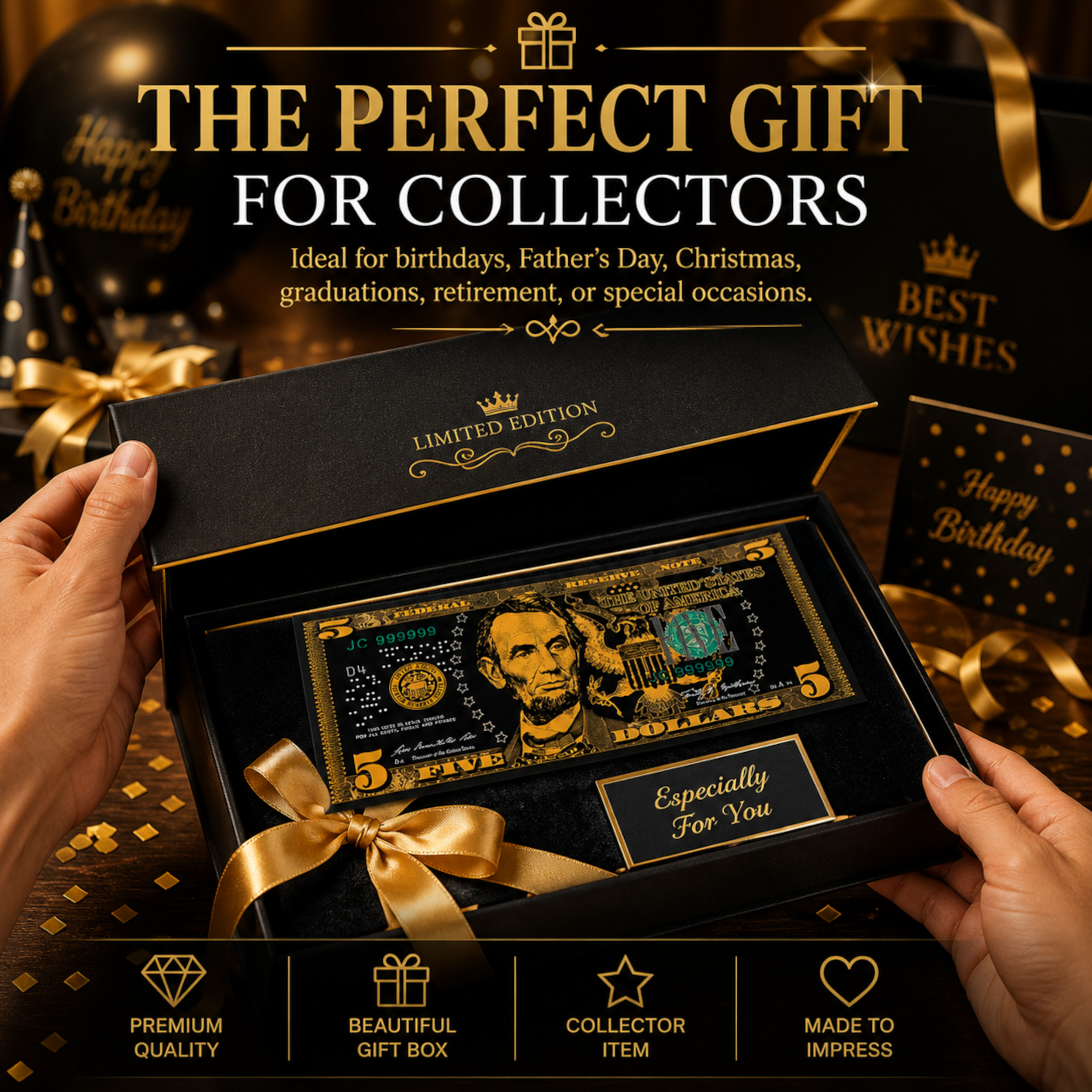 5 Dollar 24K Gold and Black Plated Decorative Collectible Banknote 24K Gold and Black Plated Replica Bills 5 Dollar 24K Gold and Black Plated Decorative Collectible Banknote 24K Gold and Black Plated Replica Bills 6