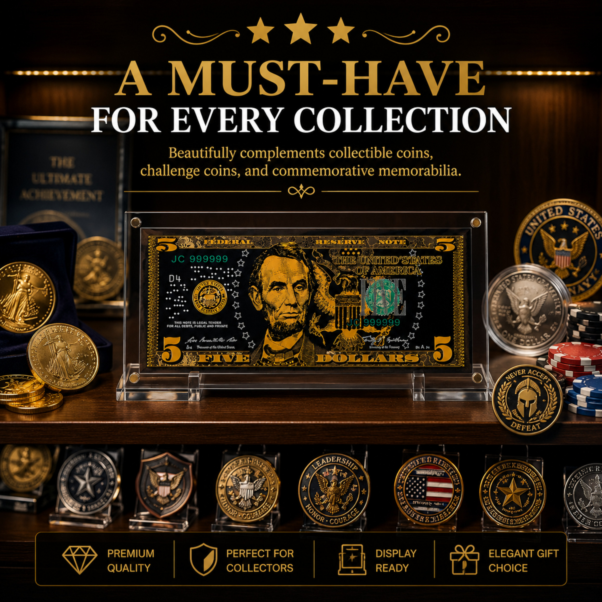 5 Dollar 24K Gold and Black Plated Decorative Collectible Banknote 24K Gold and Black Plated Replica Bills 5 Dollar 24K Gold and Black Plated Decorative Collectible Banknote 24K Gold and Black Plated Replica Bills 7