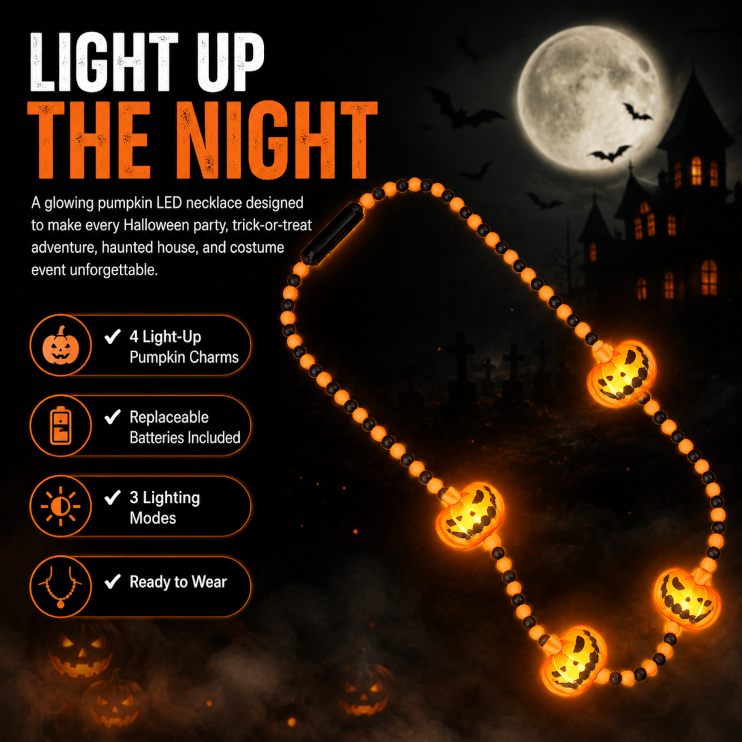 Light Up 4 Jack O Lantern LED Bead Necklace All Products Light Up 4 Jack O Lantern LED Bead Necklace All Products 5