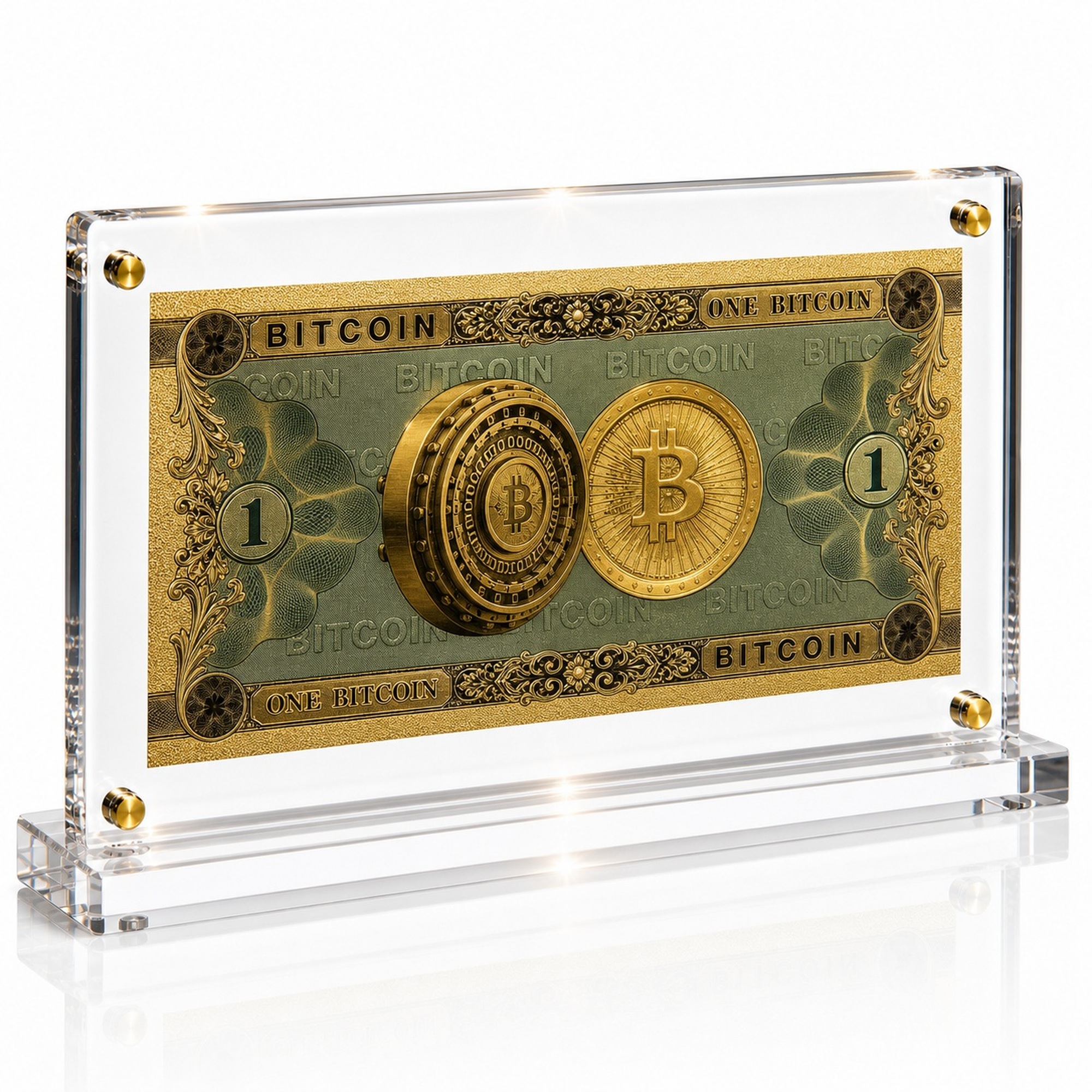 Bitcoin Gold Foil Novelty Bill with Acrylic Display Stand Gold Foil Bill Displays Bitcoin Gold Foil Novelty Bill with Acrylic Display Stand Gold Foil Bill Displays