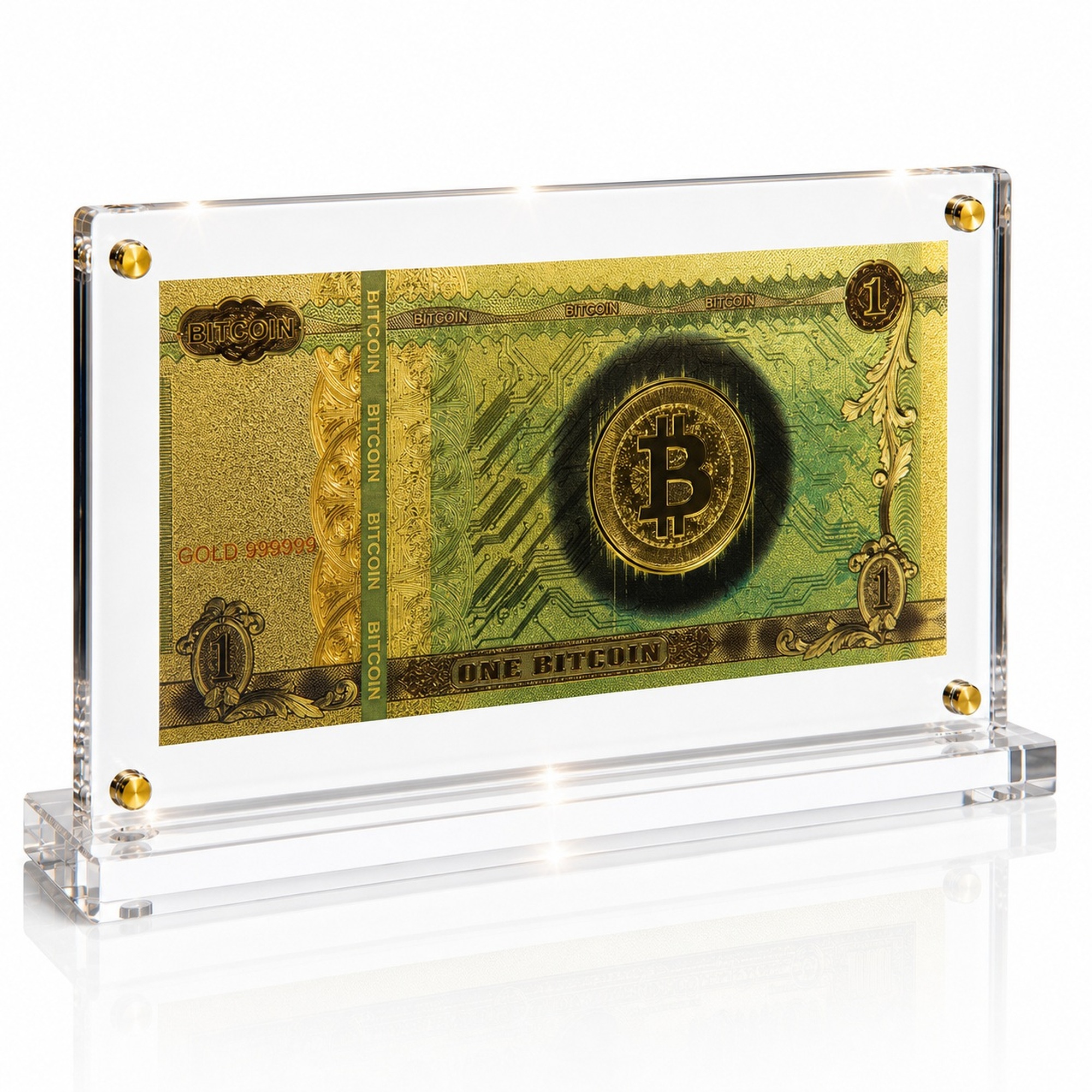 Bitcoin Gold Foil Novelty Bill with Acrylic Display Stand Gold Foil Bill Displays Bitcoin Gold Foil Novelty Bill with Acrylic Display Stand Gold Foil Bill Displays 2