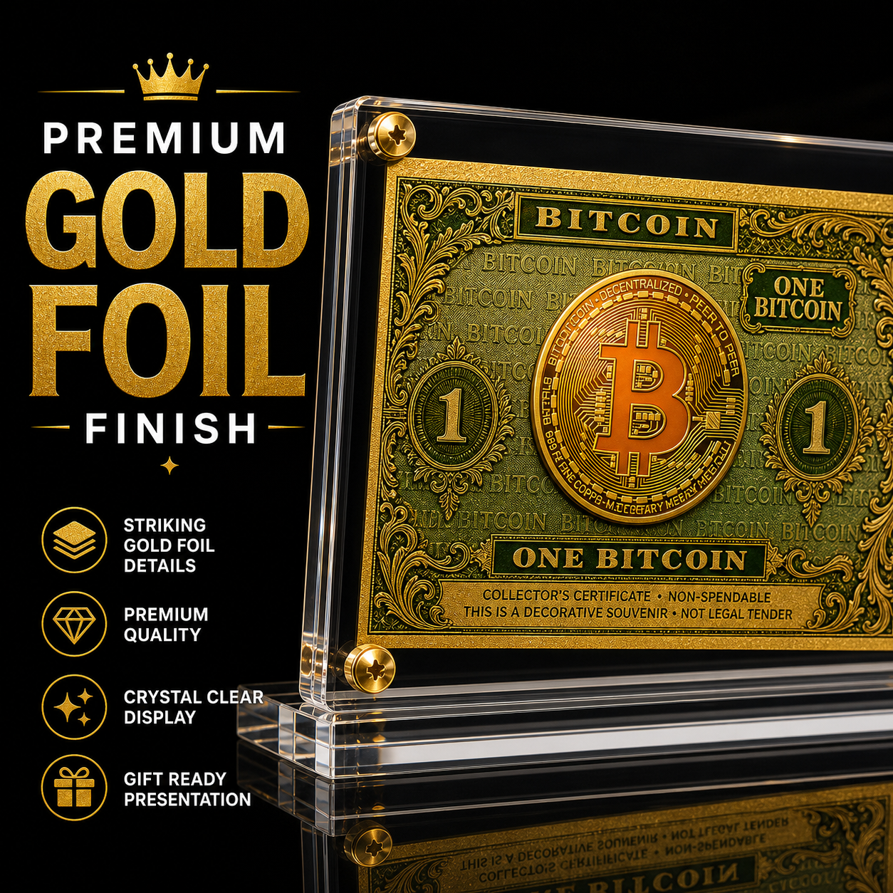 Bitcoin Gold Foil Novelty Bill with Acrylic Display Stand Gold Foil Bill Displays Bitcoin Gold Foil Novelty Bill with Acrylic Display Stand Gold Foil Bill Displays 3