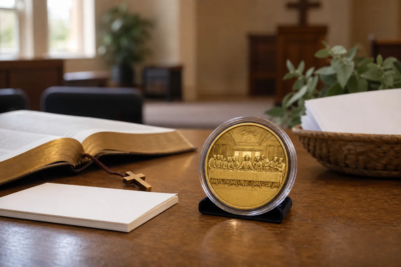 Last Supper commemorative coin beside an open Bible and study notebook