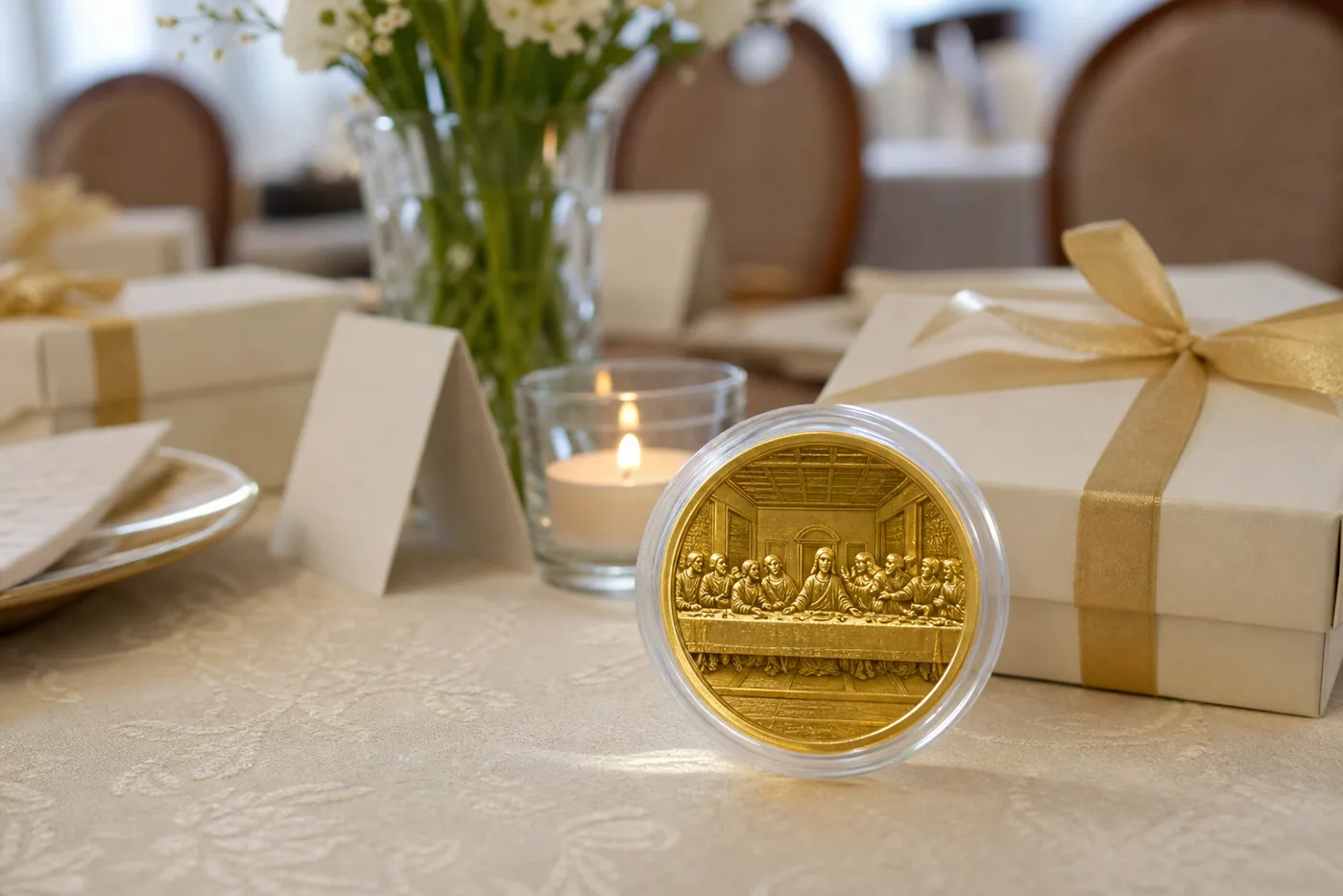 Last Supper commemorative coin arranged with a simple communion gift box and linen