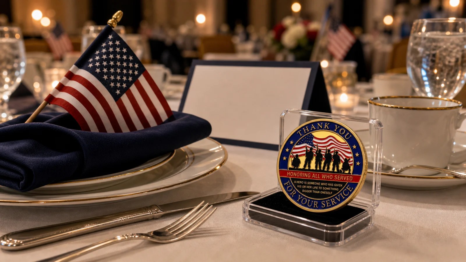 Thank You for Your Service challenge coin at a Veterans Day breakfast place setting with a small flag
