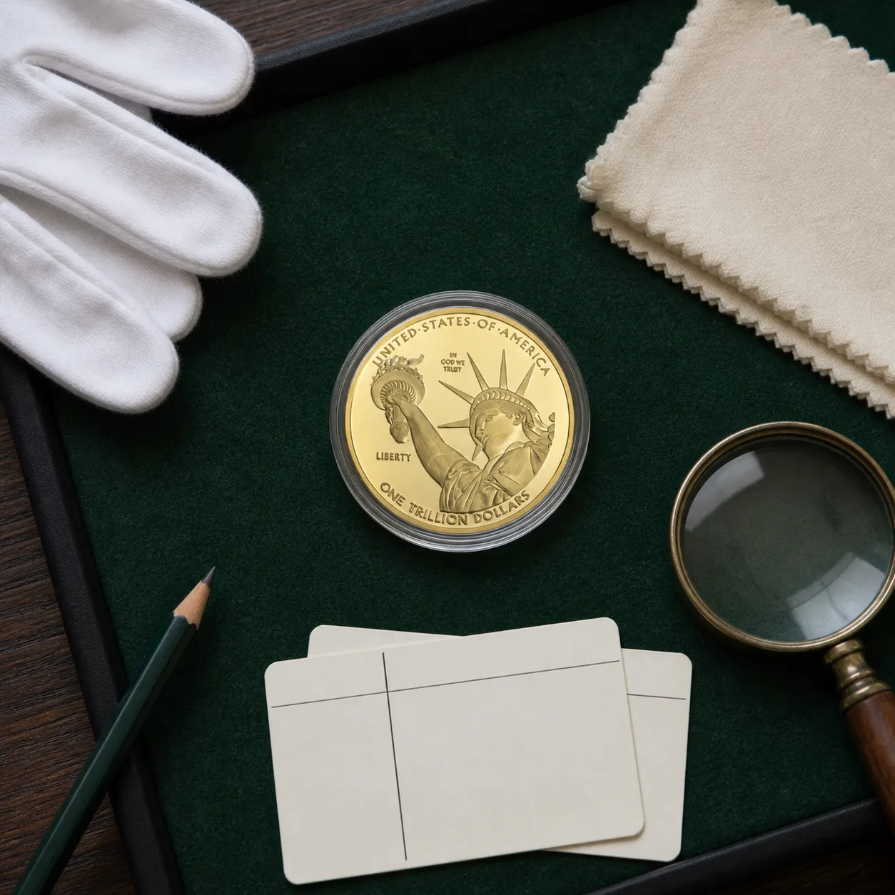 One trillion dollar Statue of Liberty novelty coin being cataloged on a green felt collector tray