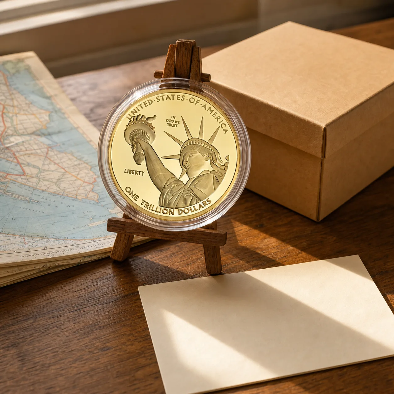 One trillion dollar Statue of Liberty coin in a clear capsule on a walnut easel beside a harbor map and gift box
