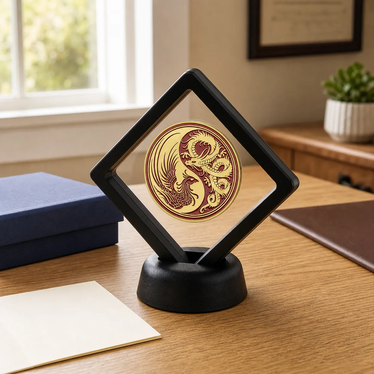 Dragon and Phoenix coin display stand beside a navy gift box and blank recognition card
