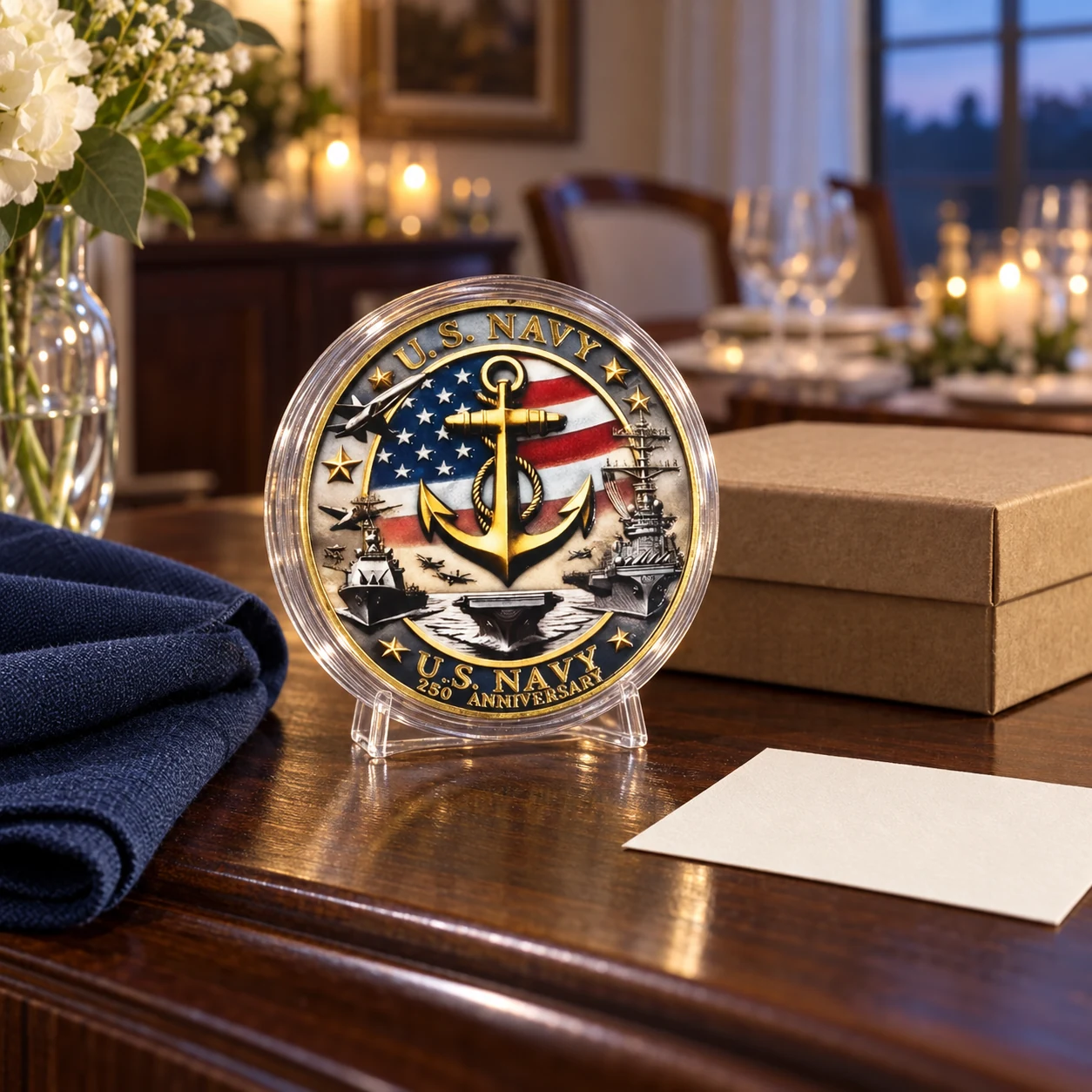 Navy 250th anniversary coin in a clear case on a walnut dining-room sideboard with navy linen and gift box