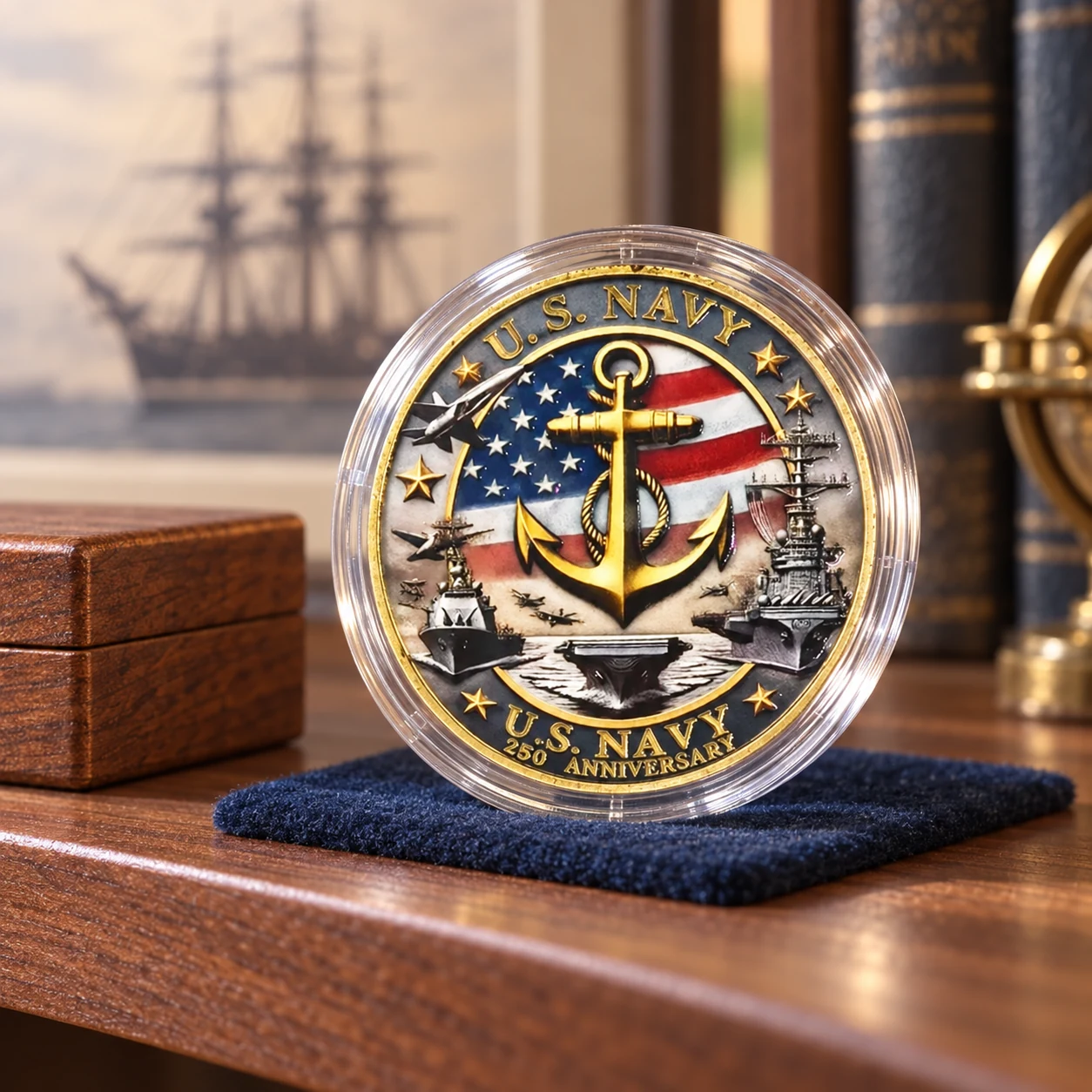 Navy 250th anniversary coin in a clear case on navy felt on a warm wood heritage shelf